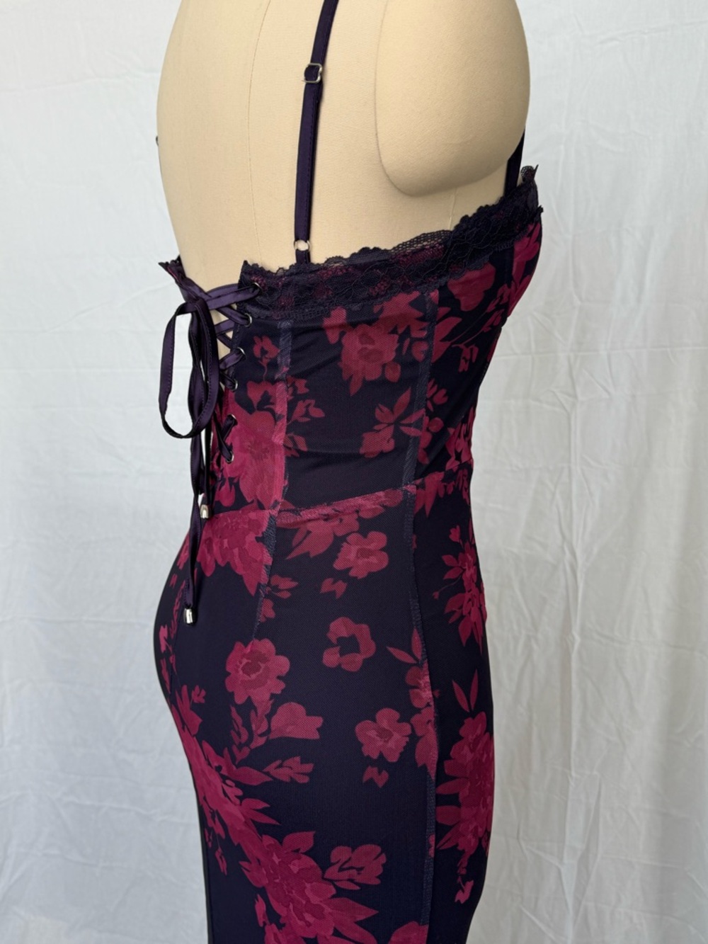 Maxi Corset Dark Purple / Wine Red Floral Lace-Up Bustier Dress - Picture 4 of 9